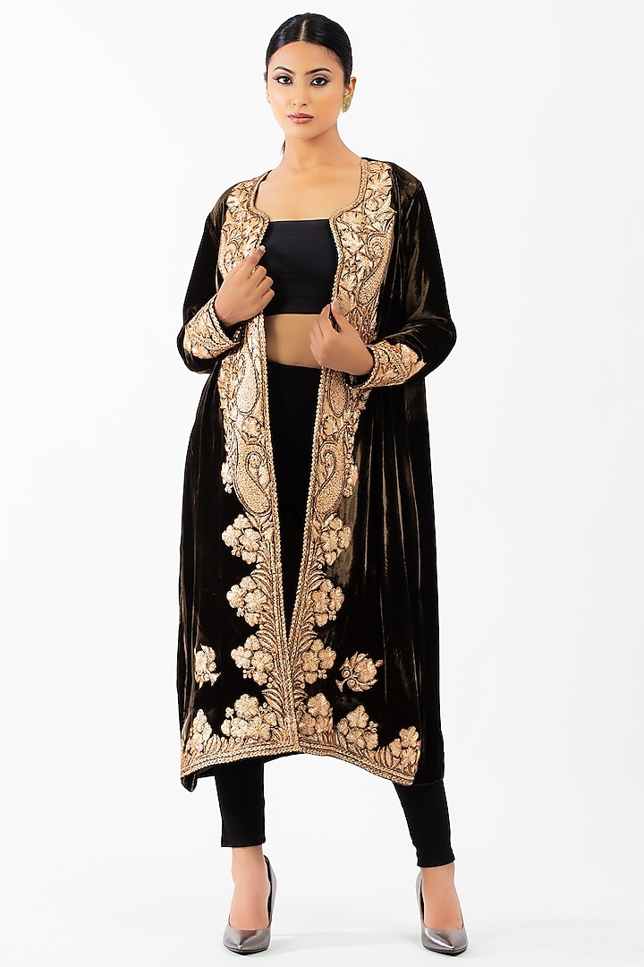 Brown Embroidered Jacket by Luxuries of Kashmir at Pernia's Pop Up Shop