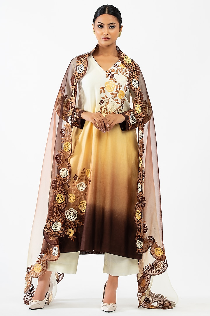 Brown Embroidered Kurta Set by Luxuries of Kashmir