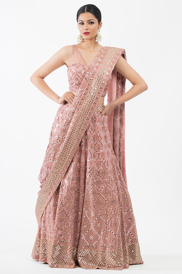 Old Rose Embroidered Bridal Lehenga Set by Luxuries of Kashmir at Pernia's Pop Up Shop