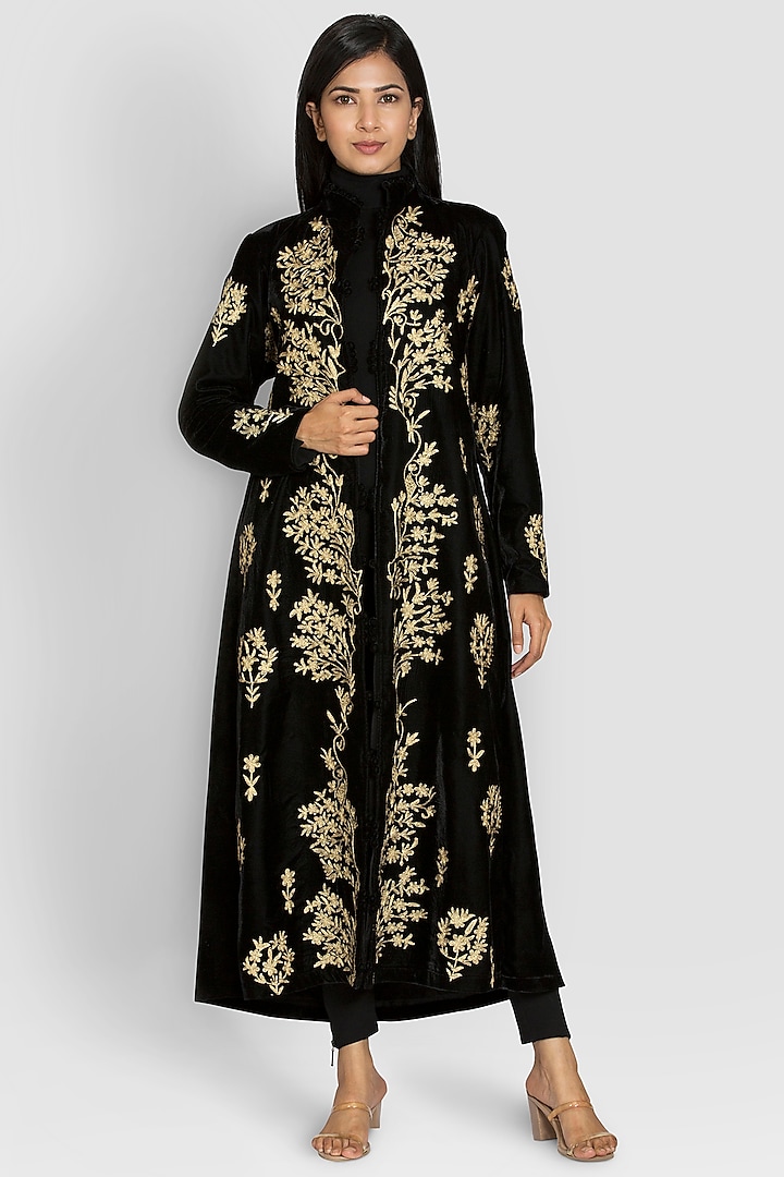 Black Embroidered Jacket by Luxuries of Kashmir