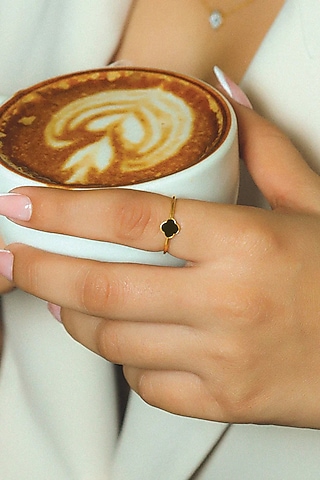 Gold Plated Lab-Grown Gemstone Black Enameled Ring In Sterling Silver by Lukson
