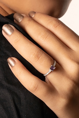 Anti-Tarnish White Finish Diamond & Amethyst Ring In Sterling Silver by Lukson