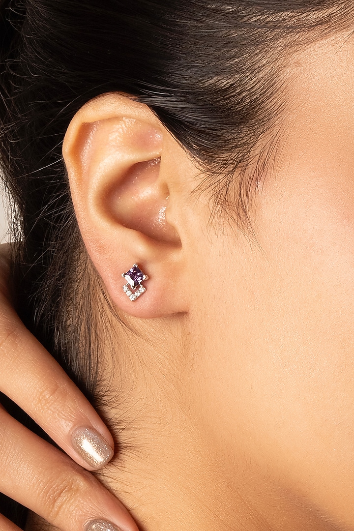 Anti-Tarnish White Finish Diamond & Amethyst Stud Earrings In Sterling Silver by Lukson at Pernia's Pop Up Shop