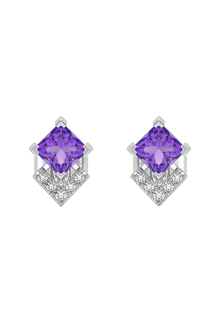 Anti-Tarnish White Finish Diamond & Amethyst Stud Earrings In Sterling Silver by Lukson at Pernia's Pop Up Shop