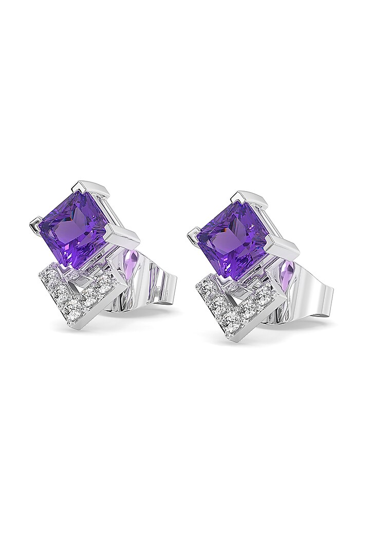 Anti-Tarnish White Finish Diamond & Amethyst Stud Earrings In Sterling Silver by Lukson at Pernia's Pop Up Shop