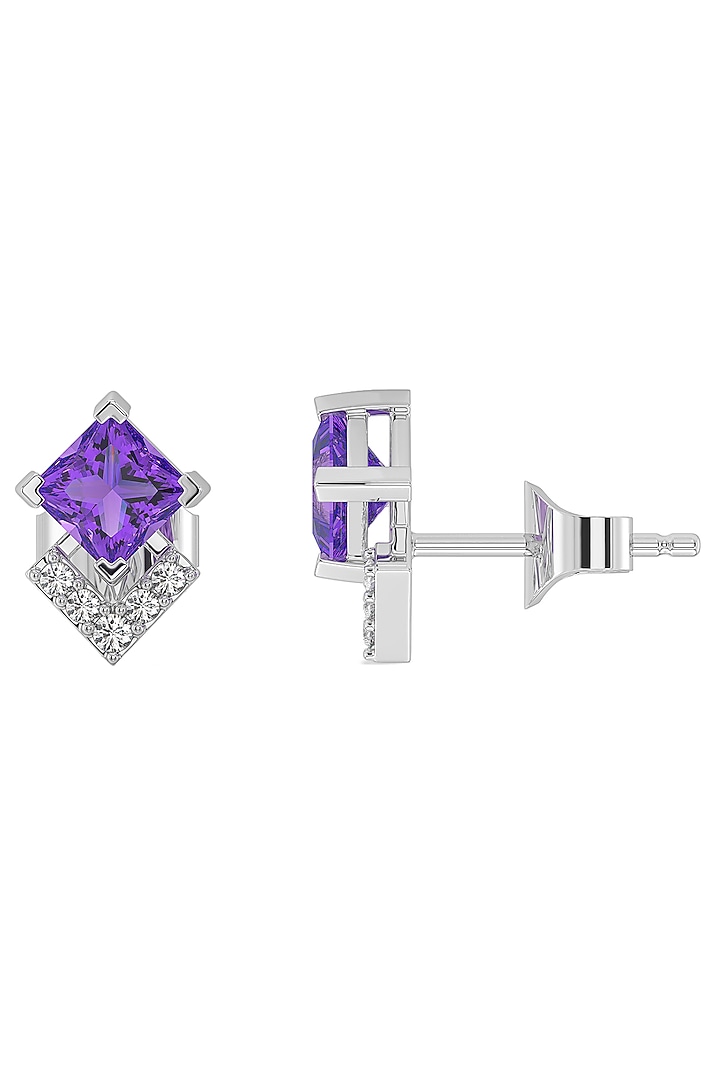 Anti-Tarnish White Finish Diamond & Amethyst Stud Earrings In Sterling Silver by Lukson at Pernia's Pop Up Shop