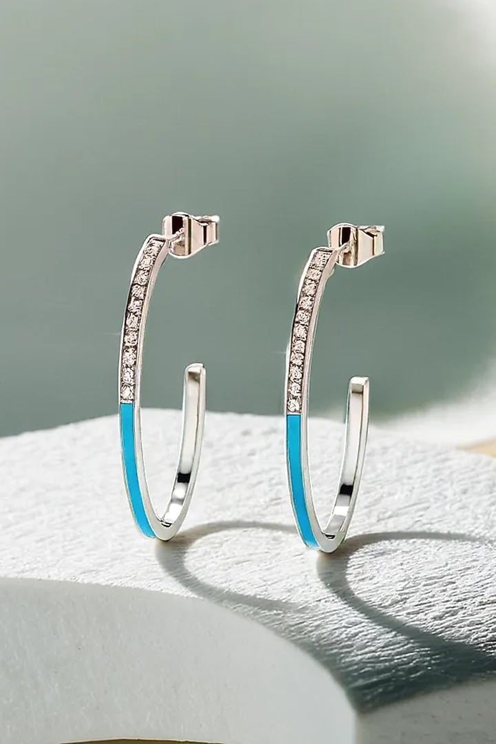Anti-Tarnish White Finish Diamond Eanameled Hoop Earrings In Sterling Silver by Lukson at Pernia's Pop Up Shop