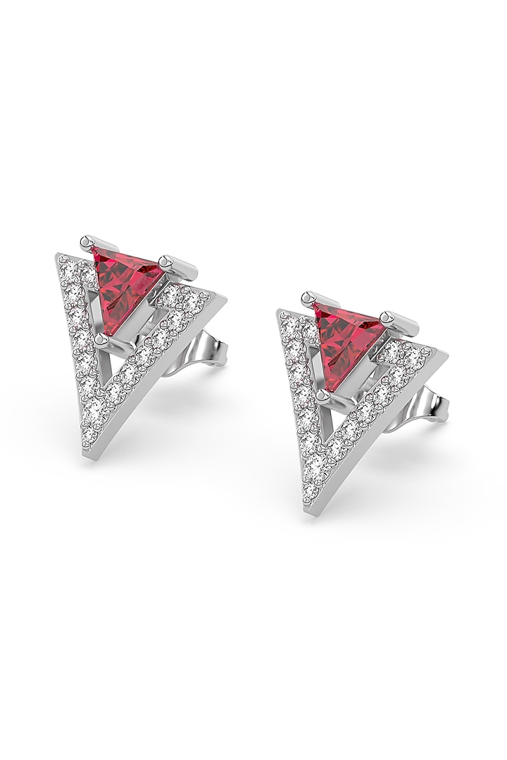 Anti-Tarnish White Finish Diamond & Ruby Stud Earrings In Sterling Silver by Lukson at Pernia's Pop Up Shop
