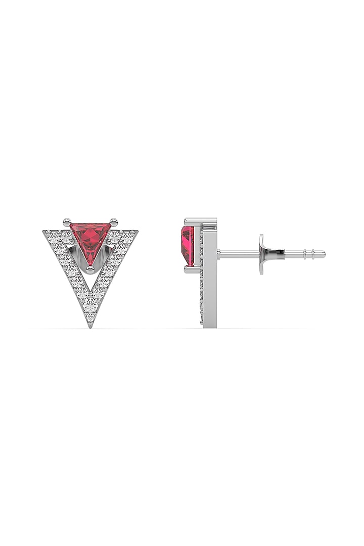 Anti-Tarnish White Finish Diamond & Ruby Stud Earrings In Sterling Silver by Lukson at Pernia's Pop Up Shop