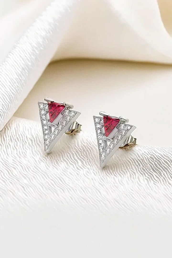 Anti-Tarnish White Finish Diamond & Ruby Stud Earrings In Sterling Silver by Lukson at Pernia's Pop Up Shop