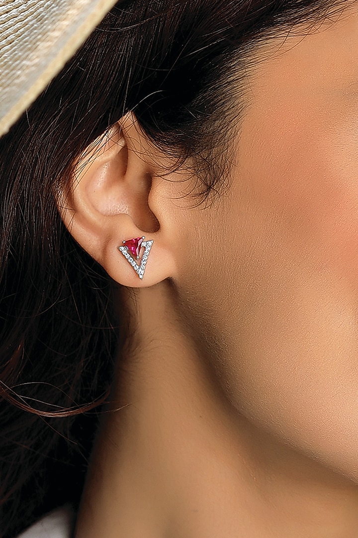 Anti-Tarnish White Finish Diamond & Ruby Stud Earrings In Sterling Silver by Lukson at Pernia's Pop Up Shop