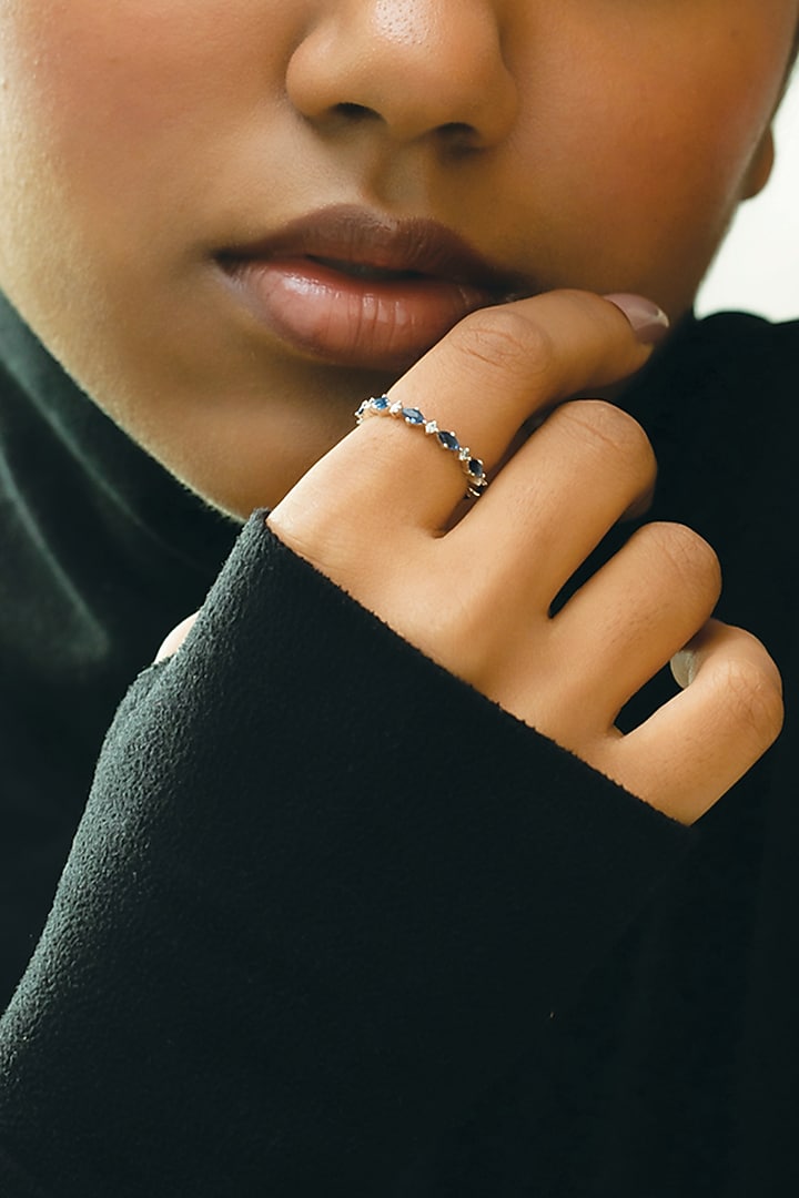 Anti-Tarnish White Finish Diamond & Sapphire Ring In Sterling Silver by Lukson at Pernia's Pop Up Shop