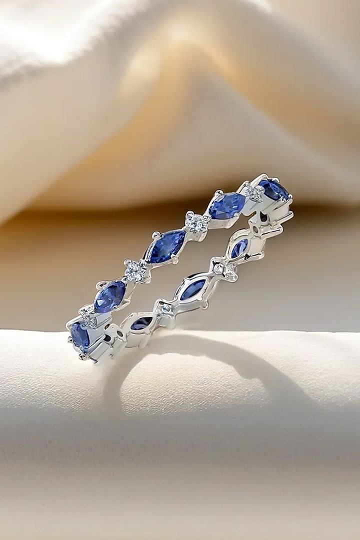Anti-Tarnish White Finish Diamond & Sapphire Ring In Sterling Silver by Lukson at Pernia's Pop Up Shop