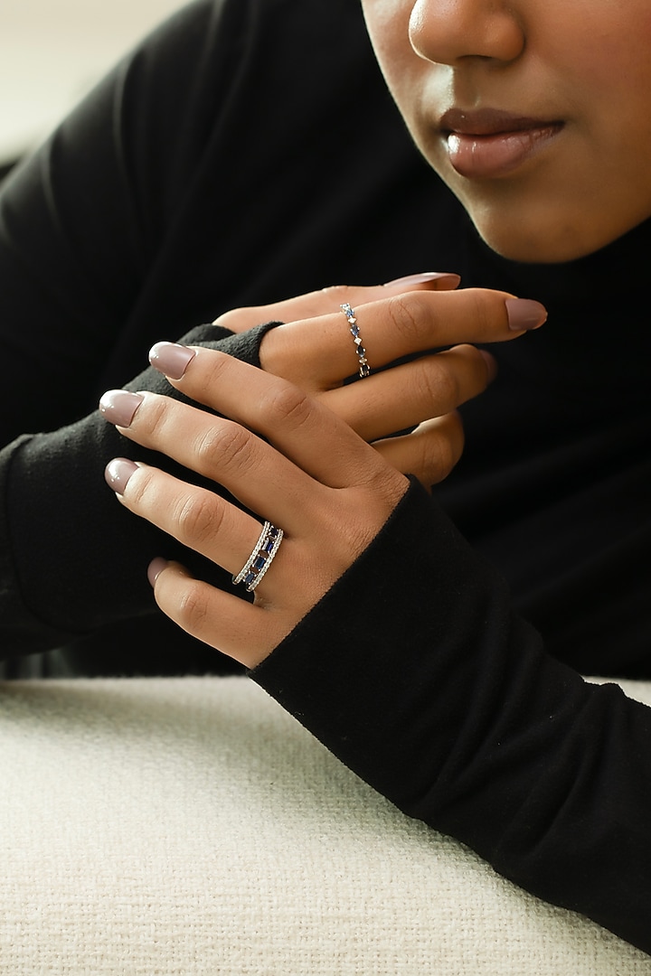 Anti-Tarnish White Finish Diamond & Sapphire Ring In Sterling Silver by Lukson at Pernia's Pop Up Shop