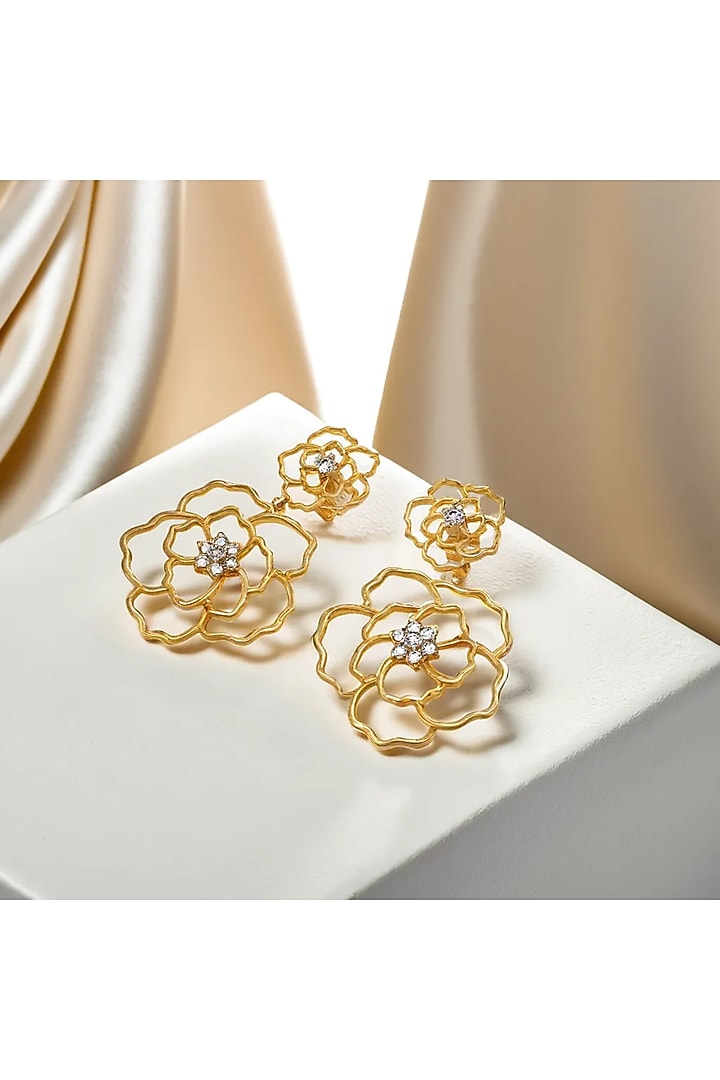 Gold Finish Diamond Floral Drop Earrings by Lukson at Pernia's Pop Up Shop
