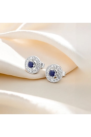 Silver Finish Diamond Stud Earrings In Sterling Silver by Lukson