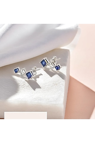 Silver Finish Diamond & Blue Stone Ear Cuffs In Sterling Silver by Lukson