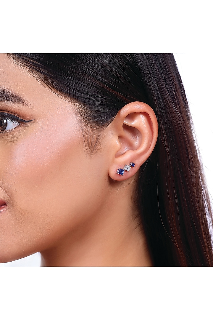 Silver Finish Diamond & Blue Stone Ear Cuffs In Sterling Silver by Lukson at Pernia's Pop Up Shop
