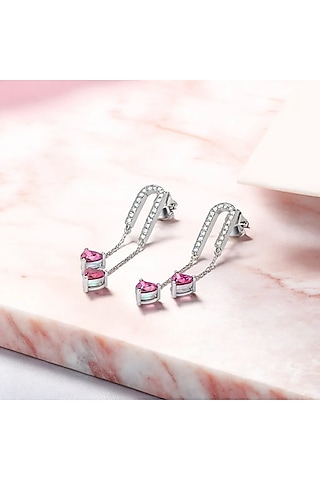 Silver Finish Diamond & Ruby Stone Drop Earrings In Sterling Silver by Lukson