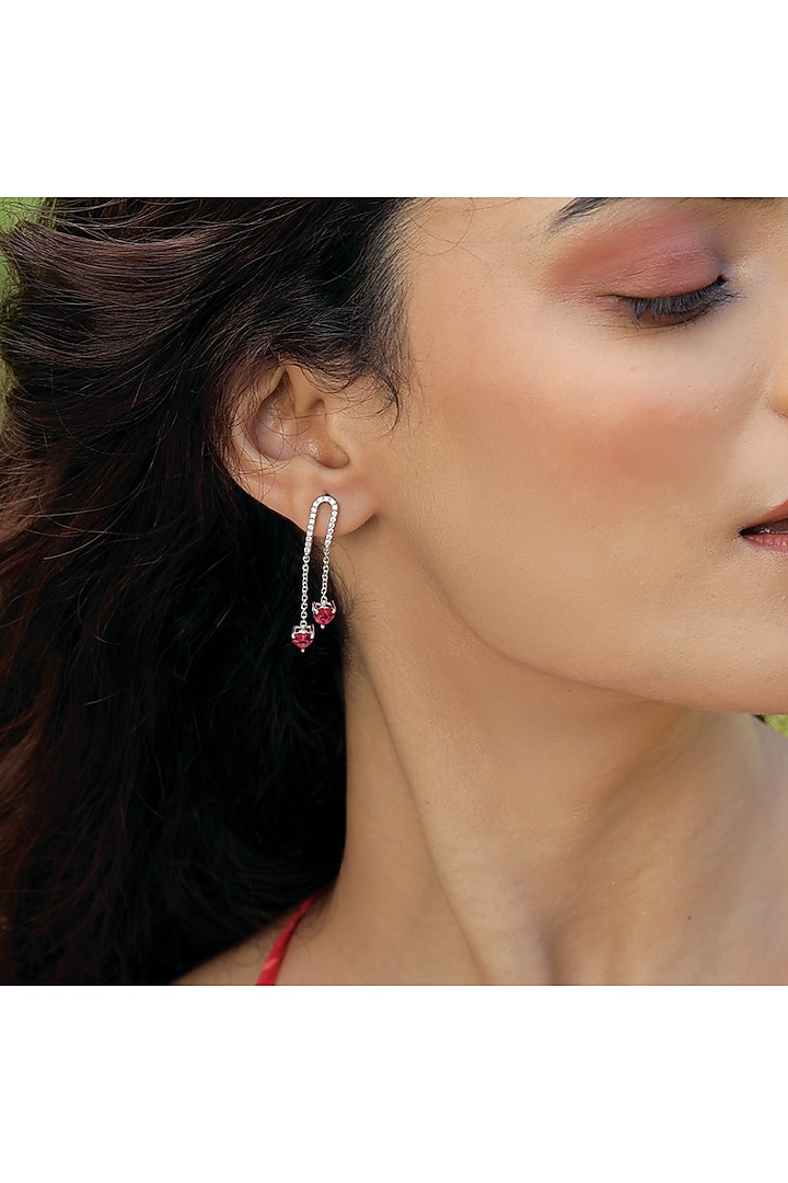 Silver Finish Diamond & Ruby Stone Drop Earrings In Sterling Silver by Lukson at Pernia's Pop Up Shop