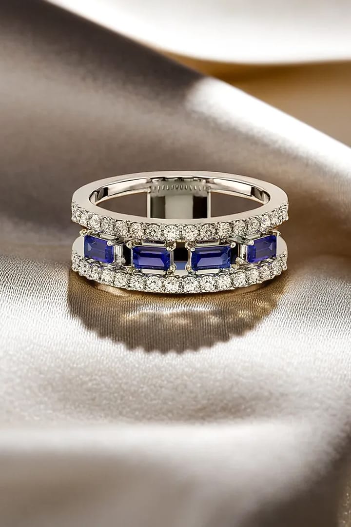 White Finish Diamond & Sapphire Stone Ring In Sterling Silver by Lukson at Pernia's Pop Up Shop