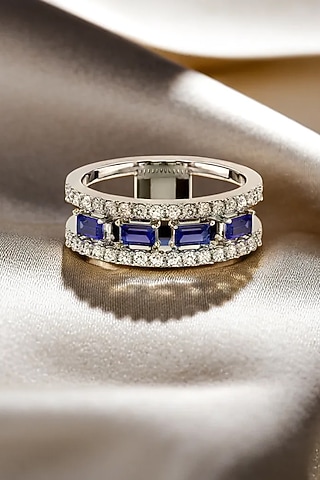 White Finish Diamond & Sapphire Stone Ring In Sterling Silver by Lukson