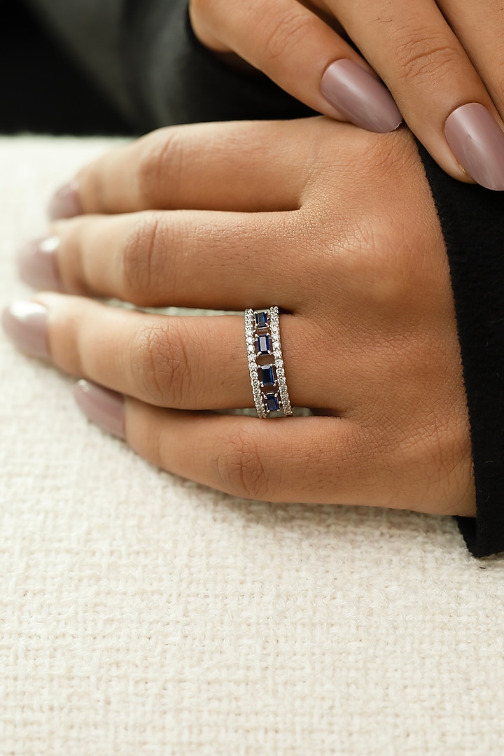 White Finish Diamond & Sapphire Stone Ring In Sterling Silver by Lukson at Pernia's Pop Up Shop