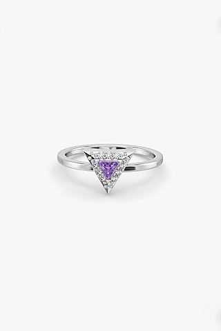 White Finish Diamond & Amethyst Stone Ring In Sterling Silver by Lukson