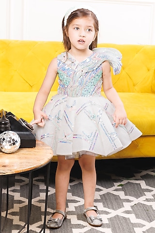 White Cotton & Mesh Hand Embroidered Dress For Girls by The Lush Affair
