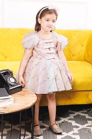 Pink Cotton & Mesh Sequin Embroidered Dress For Girls by The Lush Affair