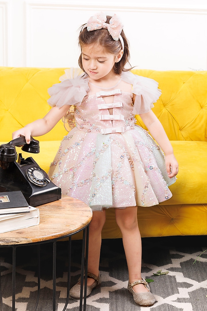 Pink Cotton & Mesh Sequin Embroidered Dress For Girls by The Lush Affair at Pernia's Pop Up Shop
