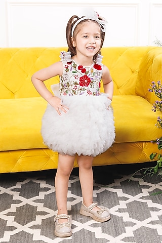 White Cotton & Mesh Hand Embroidered Ruffled Dress For Girls by The Lush Affair