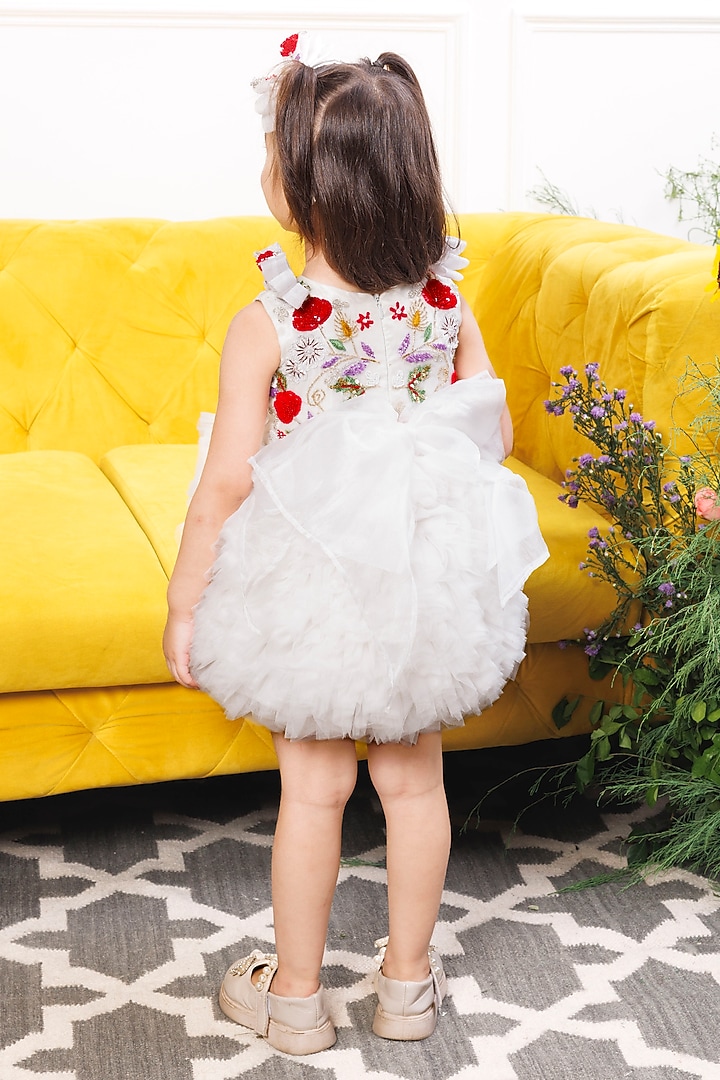 White Cotton & Mesh Hand Embroidered Ruffled Dress For Girls by The Lush Affair at Pernia's Pop Up Shop