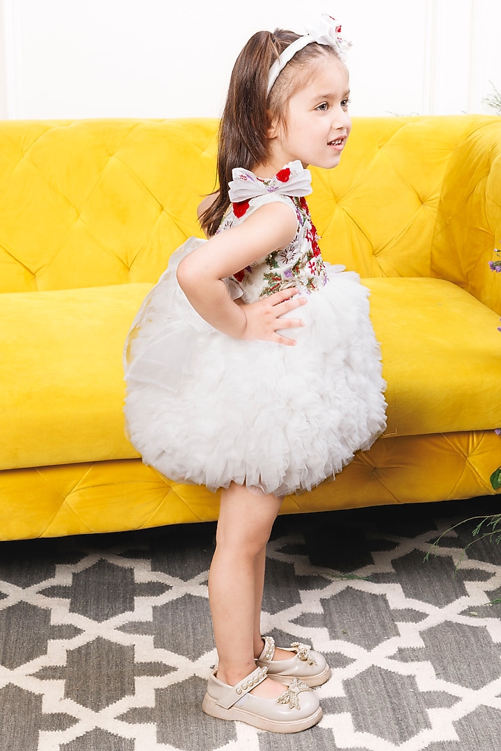 White Cotton & Mesh Hand Embroidered Ruffled Dress For Girls by The Lush Affair at Pernia's Pop Up Shop