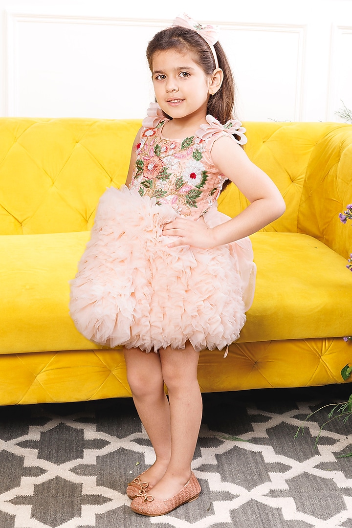 Peach Cotton & Mesh Hand Embroidered Ruffled Dress For Girls by The Lush Affair at Pernia's Pop Up Shop
