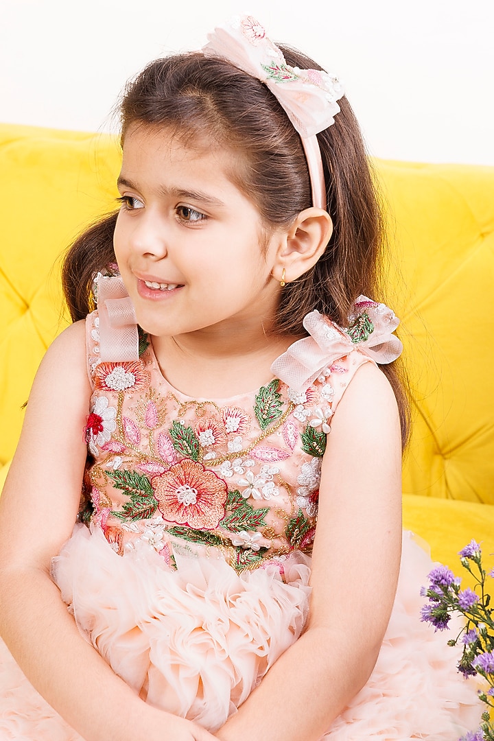 Peach Cotton & Mesh Hand Embroidered Ruffled Dress For Girls by The Lush Affair at Pernia's Pop Up Shop