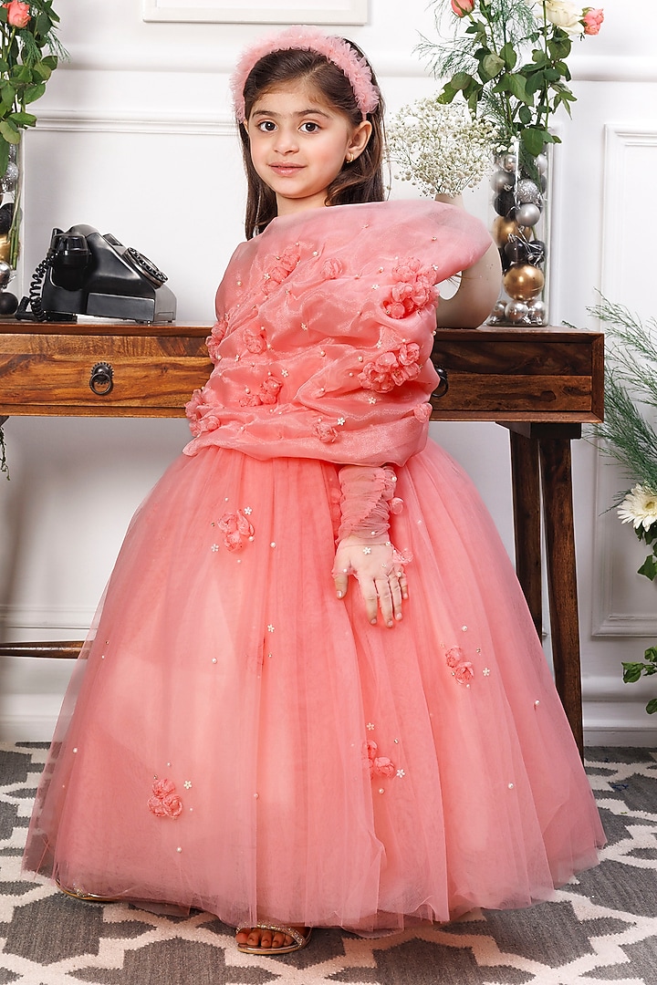 Pink Cotton Pearl Embroidered One-Shoulder Gown For Girls by The Lush Affair at Pernia's Pop Up Shop