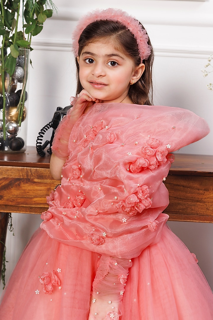 Pink Cotton Pearl Embroidered One-Shoulder Gown For Girls by The Lush Affair at Pernia's Pop Up Shop