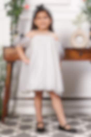 White Cotton & Mesh Crystal Embellished Dress For Girls by The Lush Affair at Pernia's Pop Up Shop