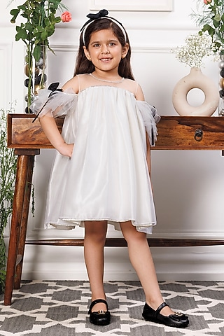 White Cotton & Mesh Crystal Embellished Dress For Girls by The Lush Affair