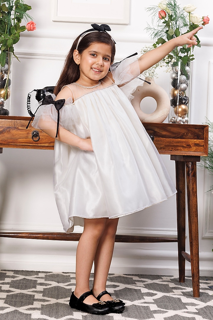 White Cotton & Mesh Crystal Embellished Dress For Girls by The Lush Affair at Pernia's Pop Up Shop