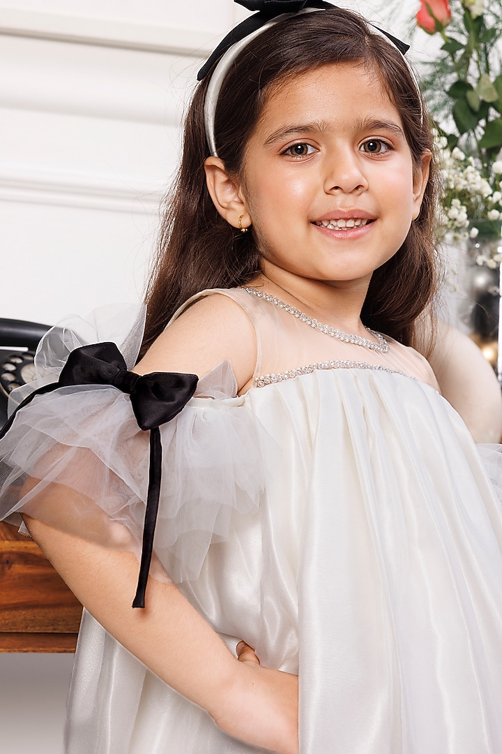 White Cotton & Mesh Crystal Embellished Dress For Girls by The Lush Affair at Pernia's Pop Up Shop