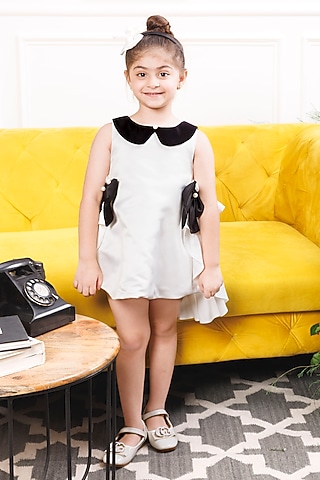 White Cotton Pearl Embellished High-Low Dress For Girls by The Lush Affair
