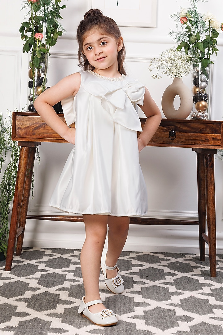 White Mesh & Satin Embellished Draped Dress For Girls by The Lush Affair at Pernia's Pop Up Shop