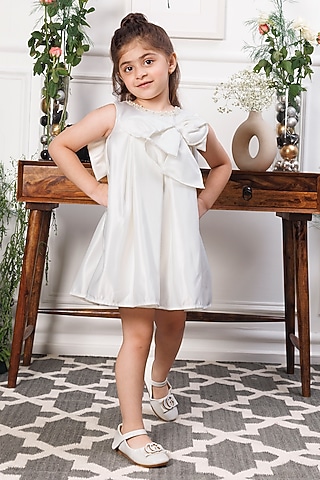 White Mesh & Satin Embellished Draped Dress For Girls by The Lush Affair