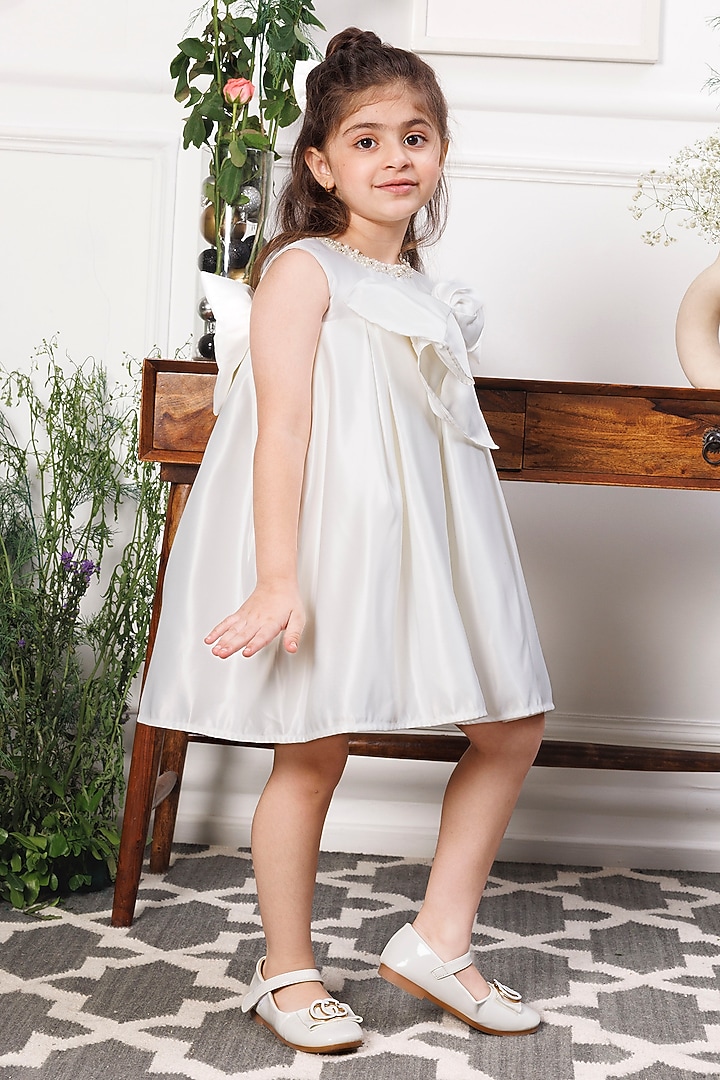 White Mesh & Satin Embellished Draped Dress For Girls by The Lush Affair at Pernia's Pop Up Shop
