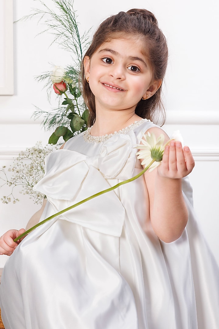 White Mesh & Satin Embellished Draped Dress For Girls by The Lush Affair at Pernia's Pop Up Shop