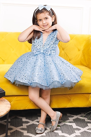 Blue Cotton Sequin & Pearl Embellished Paneled Dress For Girls by The Lush Affair