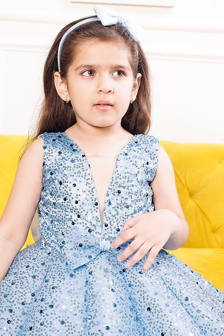 Blue Cotton Sequin & Pearl Embellished Paneled Dress For Girls by The Lush Affair at Pernia's Pop Up Shop