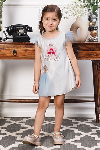 White Cotton & Mesh Embroidered A-Line Dress For Girls by The Lush Affair